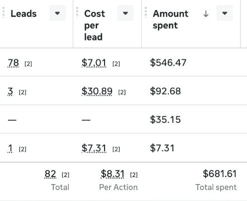 Meta Ads Manager report for June 1 to 15, 2026: 82 sign-ups at $8.31 each, campaign names hidden